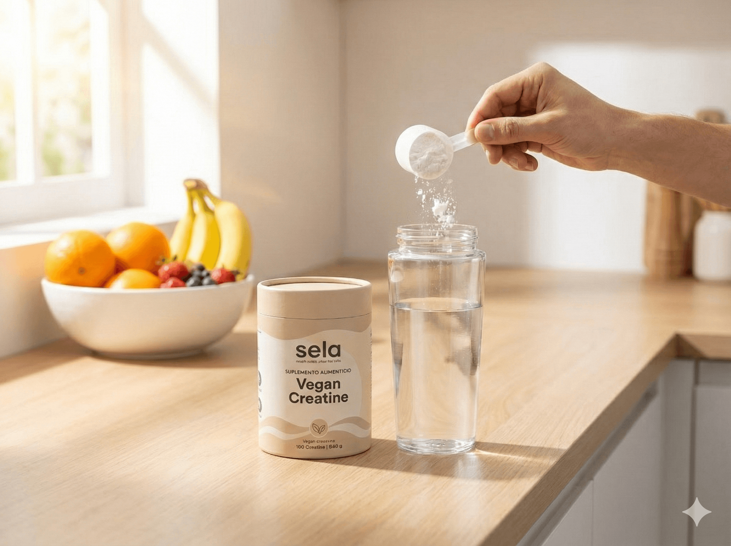 Preparing sela vegan creatine in a brightly lit modern kitchen.