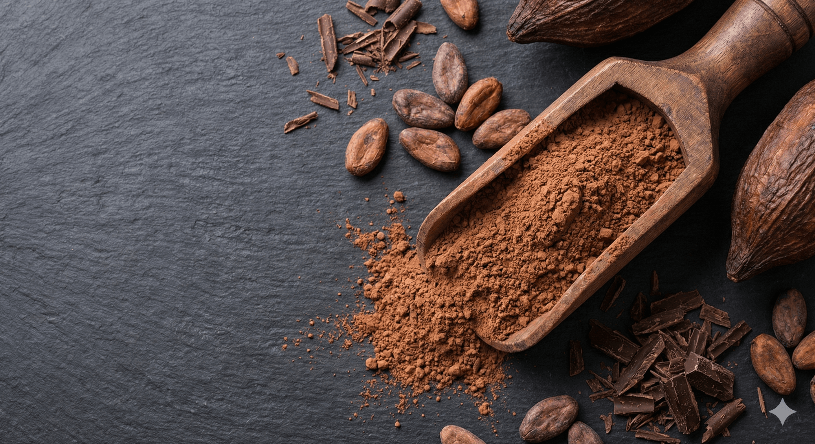 Top-down view of sela chocolate protein raw ingredients, including cocoa powder and cacao beans.