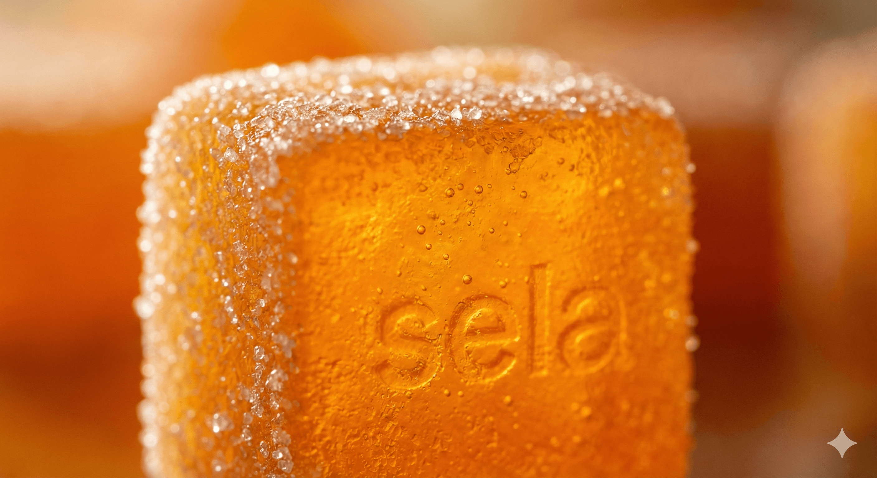 Close-up texture of a crystalline orange sela pre-workout gummy.